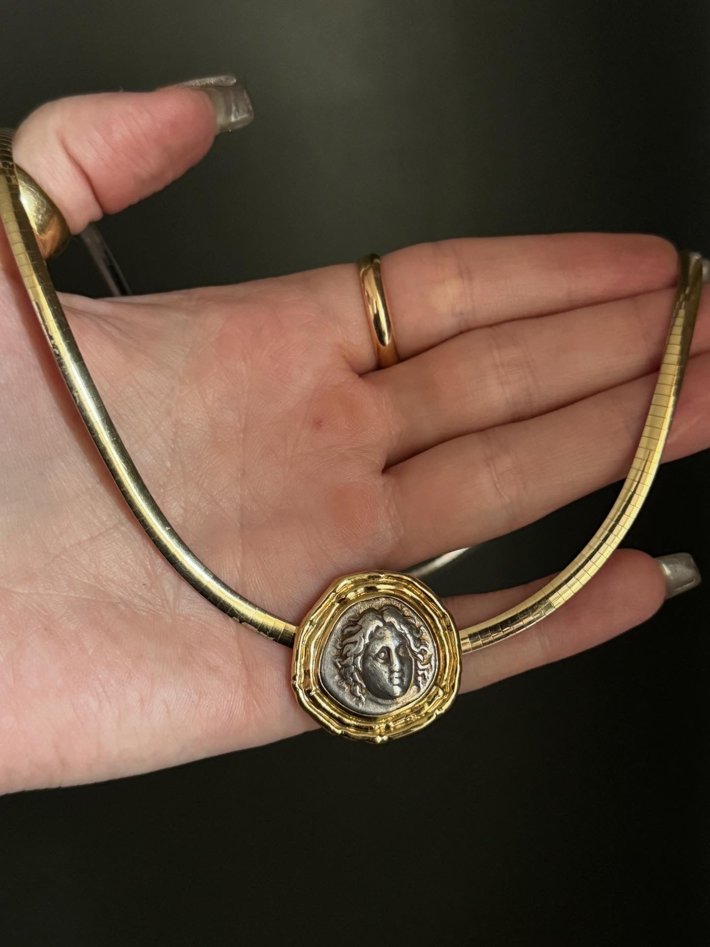 Vintage 18k Framed Silver Medusa Medallion Pendant