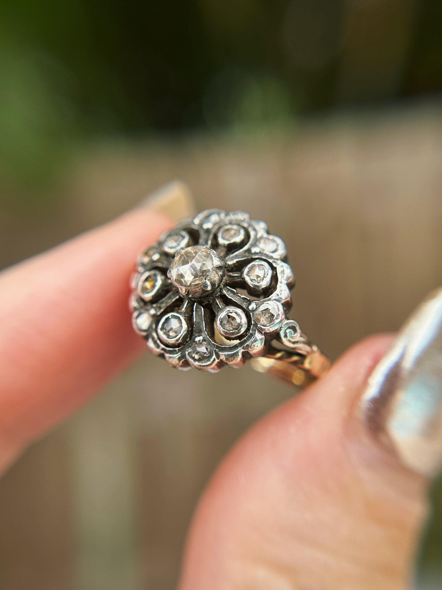 Vintage 14k Rose Cut Diamond Cluster Ring 6.25