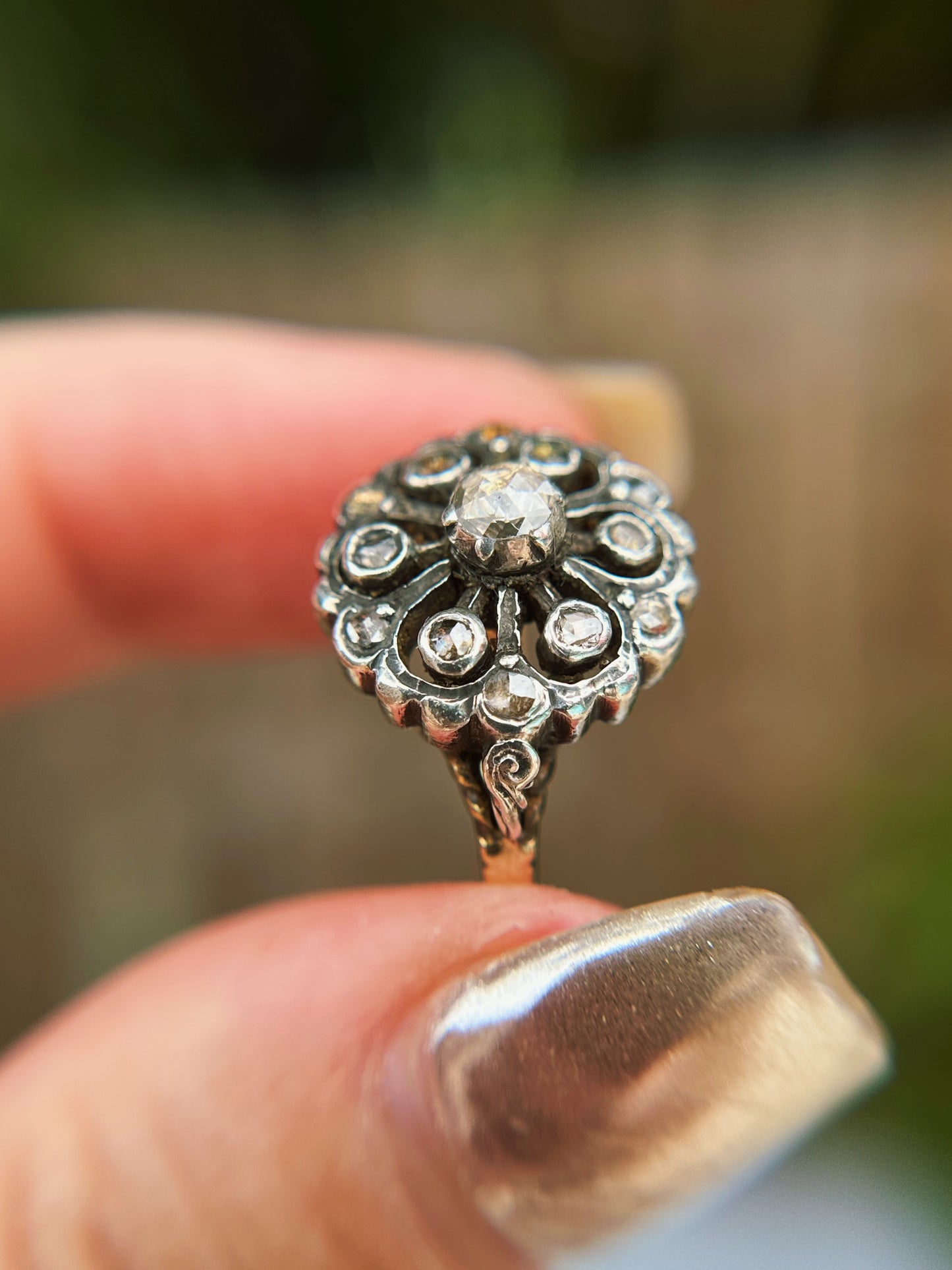 Vintage 14k Rose Cut Diamond Cluster Ring 6.25
