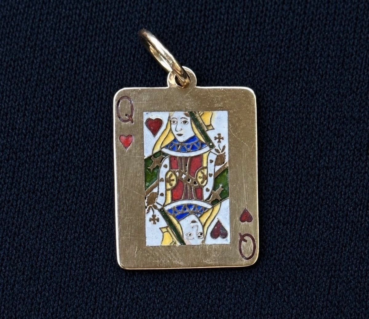 14k Enameled Queen of Hearts Card Pendant