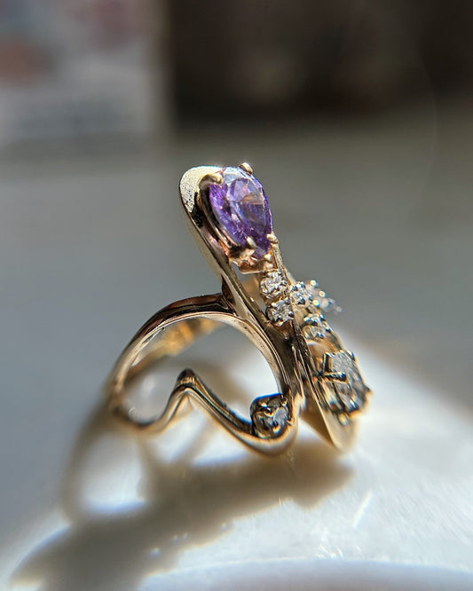 14k Unique Abstract Amethyst and Diamond Ring size 6