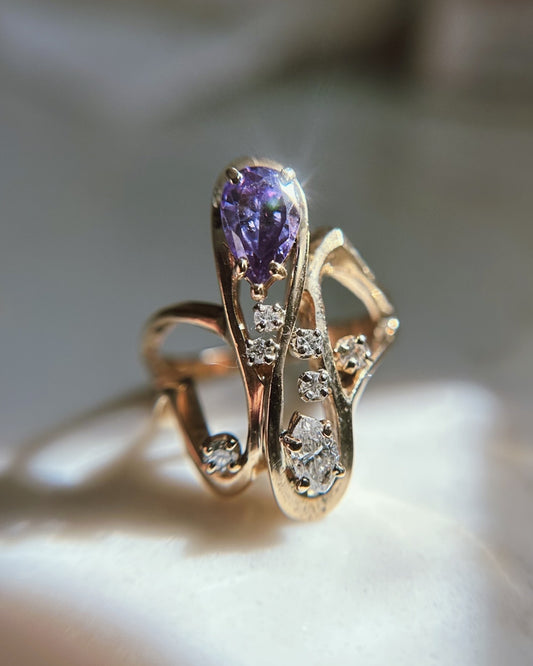 14k Unique Abstract Amethyst and Diamond Ring size 6