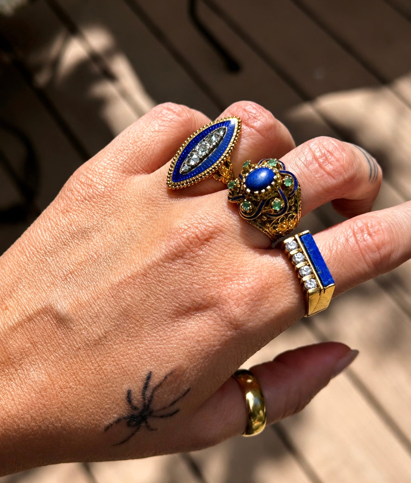 Vintage 14k Lapis and Emerald Enameled Filigree Ring size 8.25