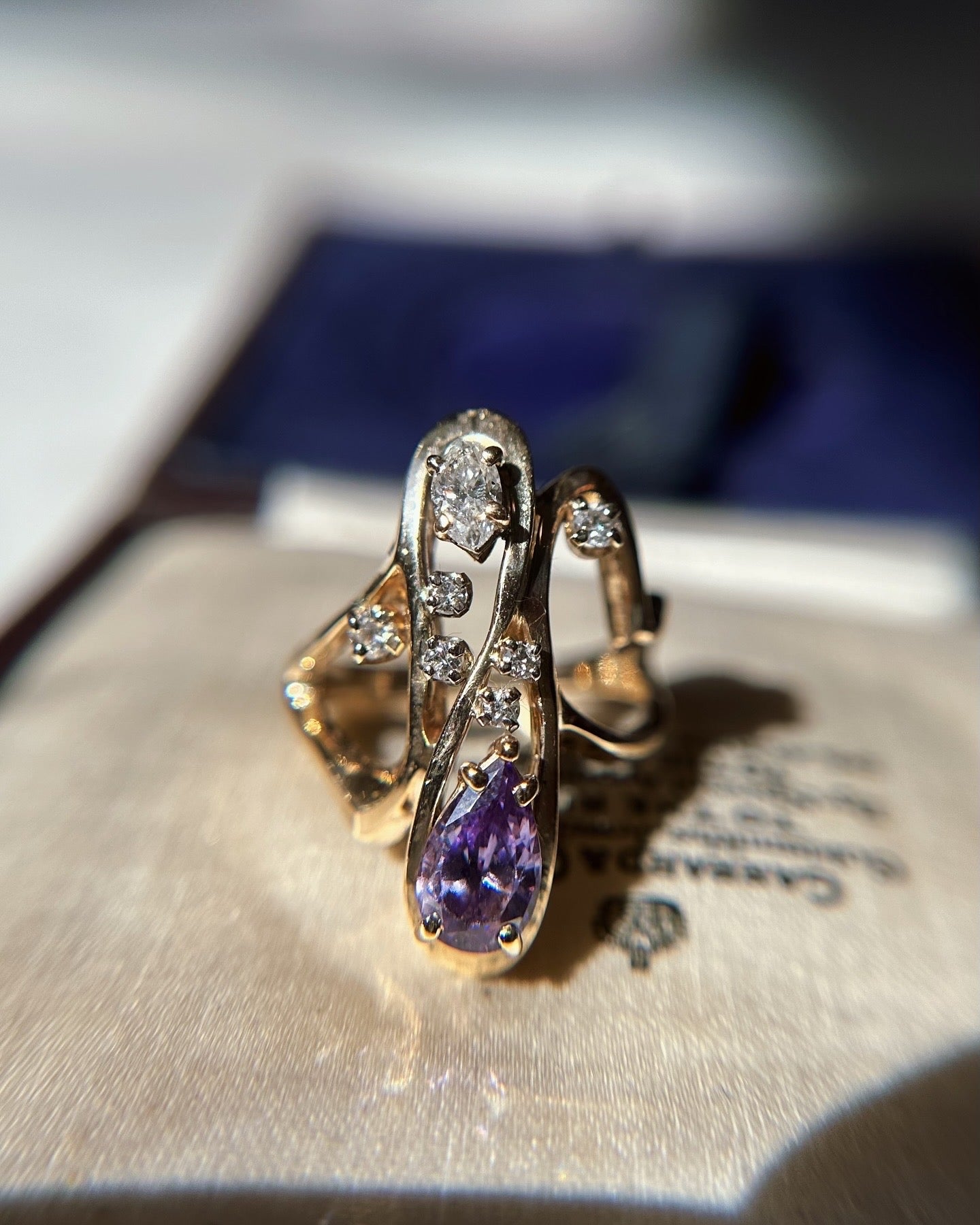 14k Unique Abstract Amethyst and Diamond Ring size 6