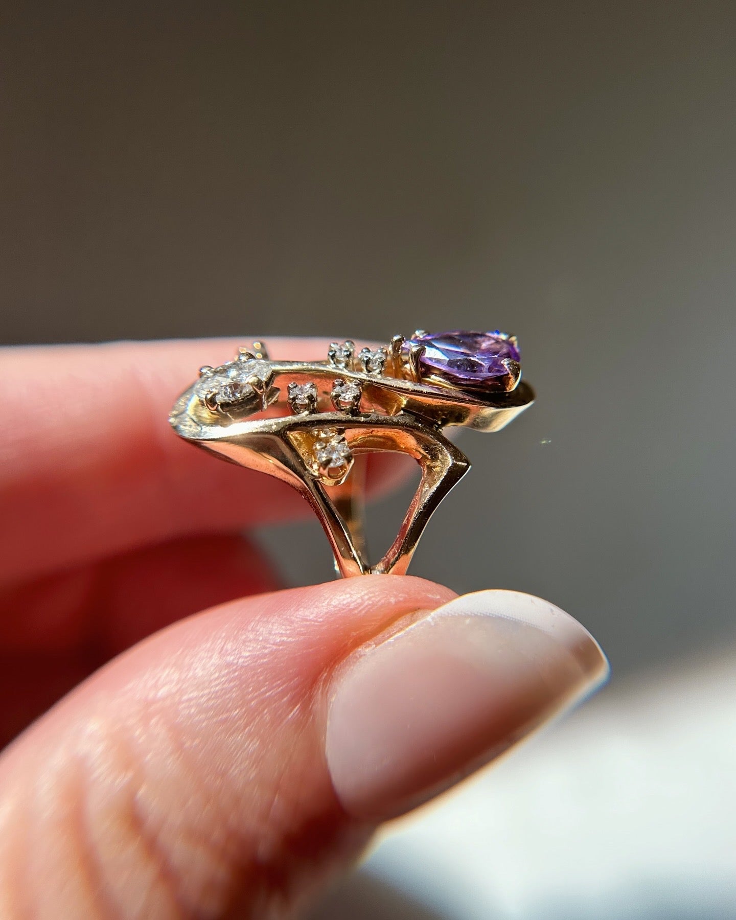 14k Unique Abstract Amethyst and Diamond Ring size 6