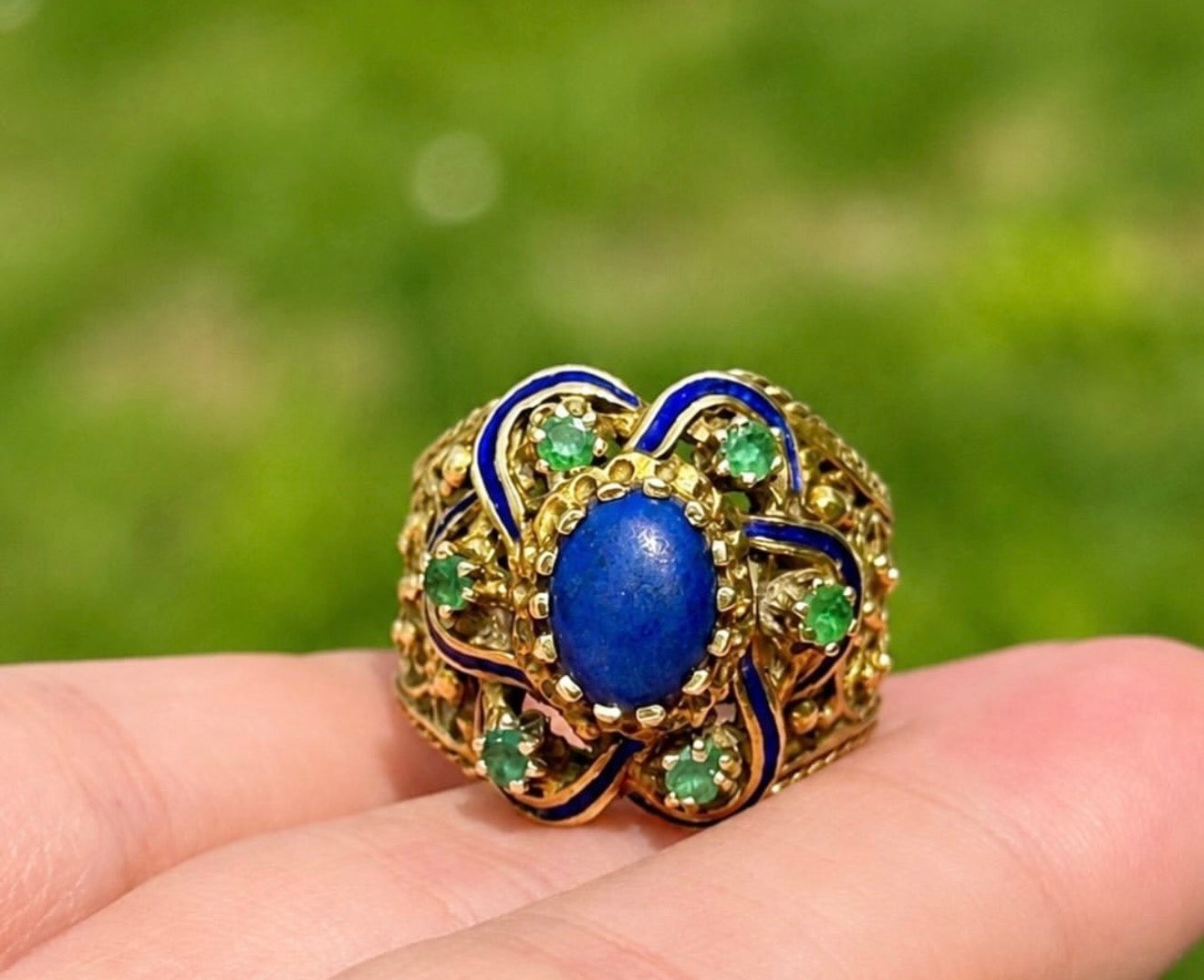 Vintage 14k Lapis and Emerald Enameled Filigree Ring size 8.25