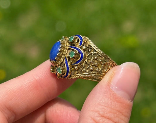 Vintage 14k Lapis and Emerald Enameled Filigree Ring size 8.25