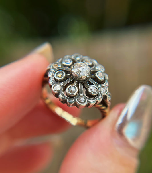 Vintage 14k Rose Cut Diamond Cluster Ring 6.25