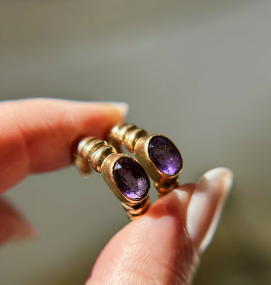 14k Ribbed Amethyst Earrings