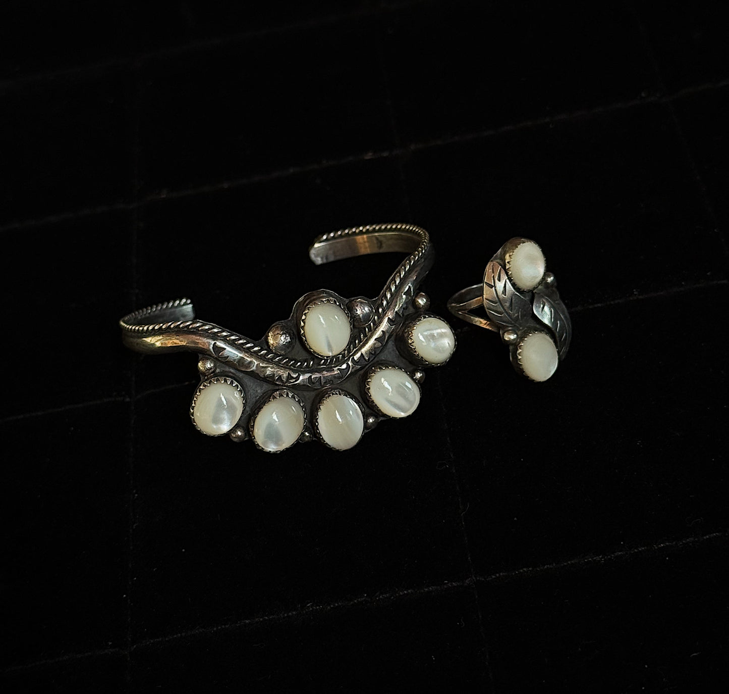 Vintage Signed Native American Mother of Pearl Cuff and Ring