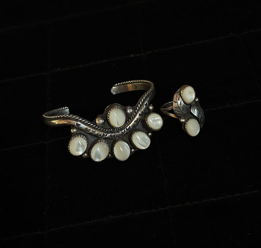 Vintage Signed Native American Mother of Pearl Cuff and Ring