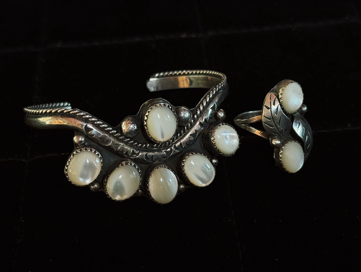 Vintage Signed Native American Mother of Pearl Cuff and Ring