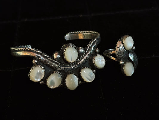 Vintage Signed Native American Mother of Pearl Cuff and Ring