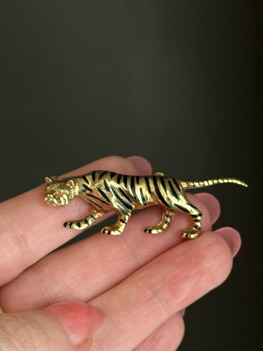 Vintage 14k Enameled Tiger Brooch
