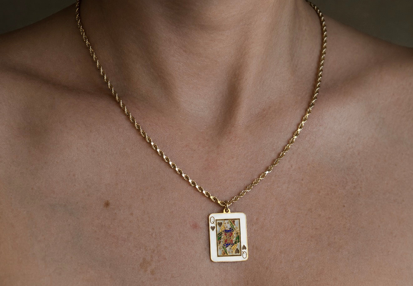14k Enameled Queen of Hearts Card Pendant