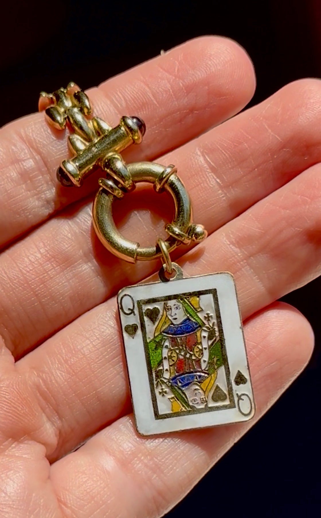 14k Enameled Queen of Hearts Card Pendant