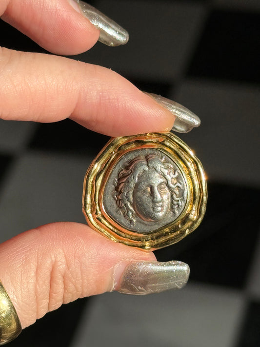 Vintage 18k Framed Silver Medusa Medallion Pendant