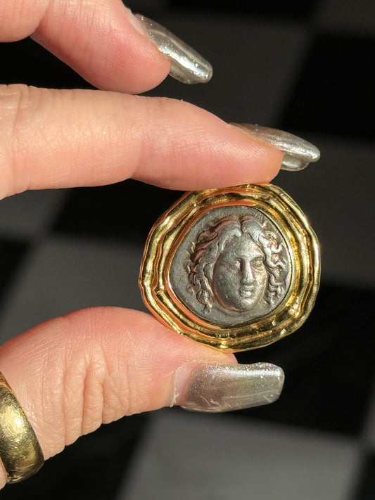 Vintage 18k Framed Silver Medusa Medallion Pendant