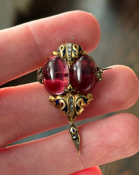 Victorian 14k Cabochon garnet and diamond brooch