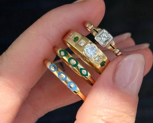 14k Blue and Green Enamel Stacking Bands