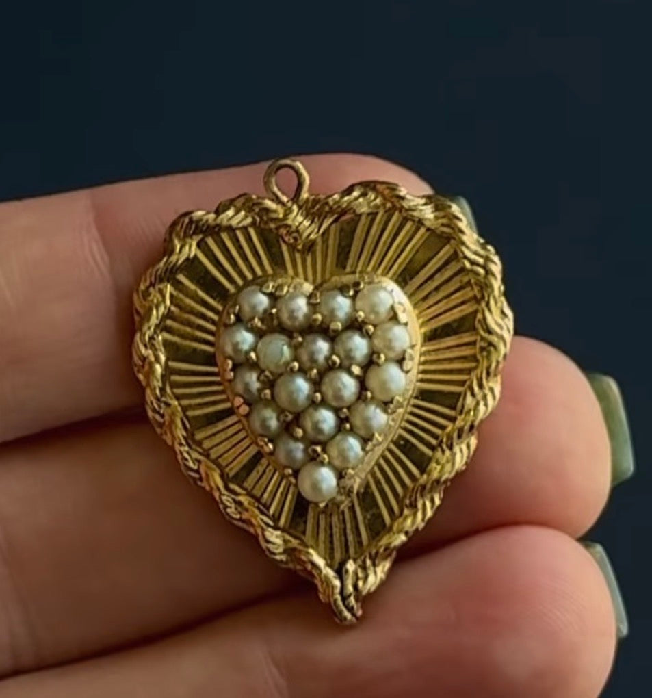 Vintage 14k Sunburst Heart Pendant with Pearls