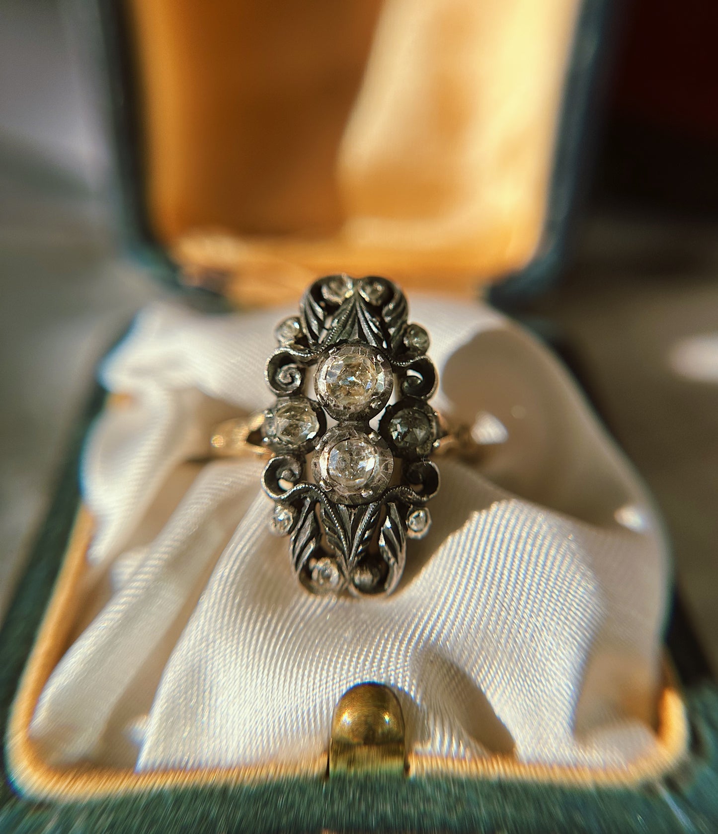 Antique 14k Princess Ring w/Silver Top and Rose Cut Diamonds